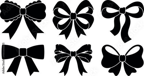 Flat design vector set of six decorative ribbon bows close up black silhouettes for gift wrapping craft and holiday decor
