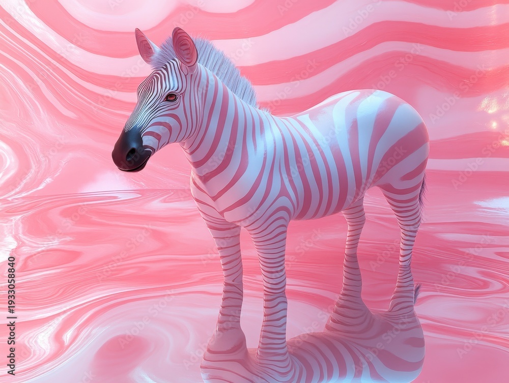 Fototapeta premium A zebra presents its stripes while standing on a curved, pink surface.
