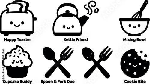 Kawaii flat vector kitchen icon set smiling toaster kettle steaming teapot mixing bowl whisk cupcake crossed spoon fork cookie bite