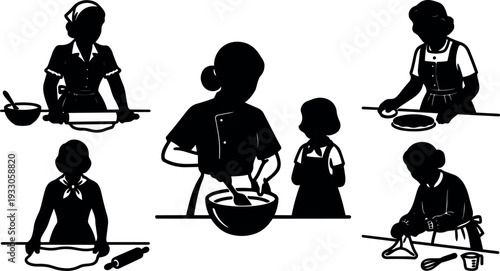 Silhouette vector retro baking scenes woman mixing rolling cutting dough teaching child kitchen counter close up black mood classic flat