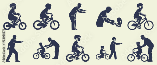 Children Learning to Ride Bicycle with Parent Support, Silhouette Collection Flat Design Vector Illustration