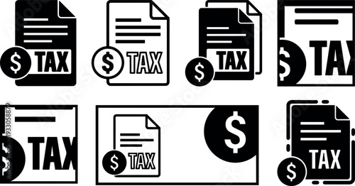Flat design tax document icons set close up multiple file symbols with coin circle and bold lettering monetary graphic vector