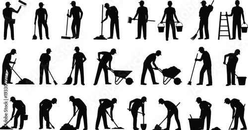 Silhouette collection of diverse manual labor workers performing construction, cleaning, and maintenance tasks with tools, equipment, and ladders for occupational safety, industry illustration