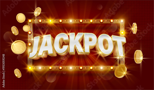 Jackpot banner with illuminated marquee frame and glowing light bulbs. Vector decorative border with bold lettering placed inside and flying gold coins. Lottery announcement or winning celebration