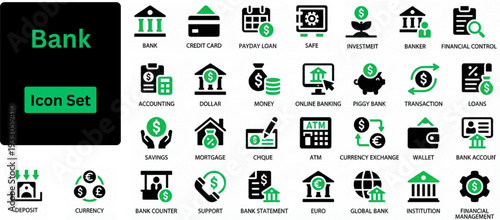 Silhouette vector of Bank icon set. Icons of wallet, online banking, savings, loans, ATM, mortgage, investment, banger and more. Solid vector icons set. 