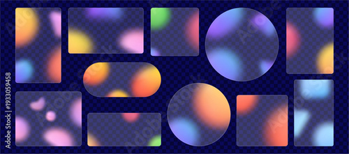 Blurred glasses in form of squares and rectangles, circles and ellipses with transparency. Vector isolated geometric shapes collection with reflections. Modern digital art and abstract design elements