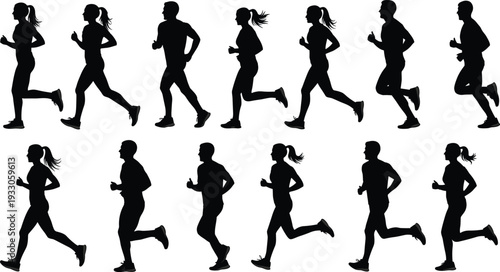 Jogging people silhouettes vector collection, men women running fitness workout training isolated black figures
