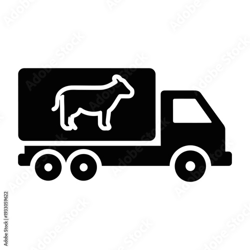 Livestock transport truck icon carrying a cow for agriculture and food logistics in black silhouette