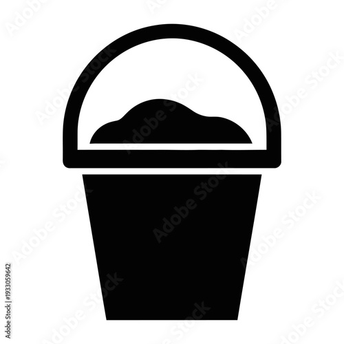 Bucket icon filled with sand or soil for construction or gardening, black silhouette vector