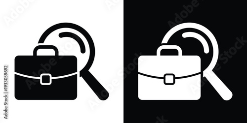 Flat professional briefcase icon with a magnifying glass. Minimalist vector symbol for job search, recruitment, and career discovery. Black and white versions included.