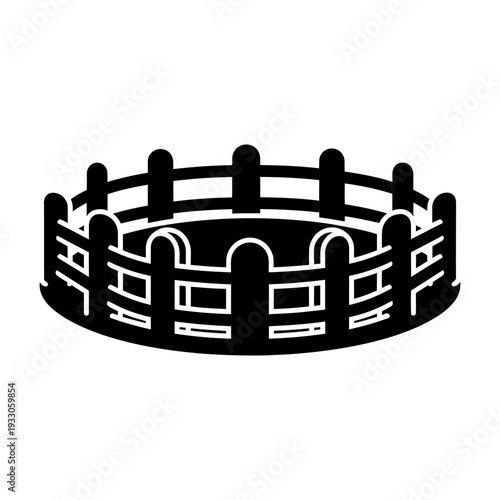 Circular wooden fence icon for animal enclosure on farm or ranch, black silhouette style