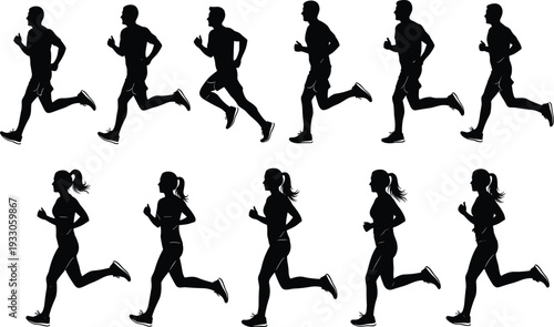 Jogging runners silhouettes vector set, men women side view running fitness training isolated