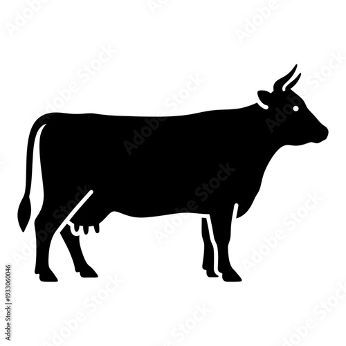 Cow silhouette standing in side profile for farm and agriculture design minimalist black vector icon