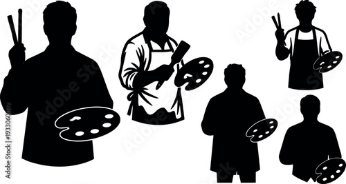 Silhouette vector painter holding palette and brushes in multiple poses with close up and back view flat black graphic icons