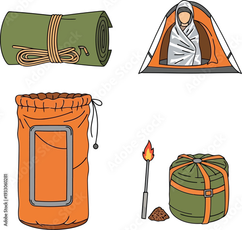Camping essentials vector set with sleeping bag, tent, fire starter, and outdoor gear illustrations
