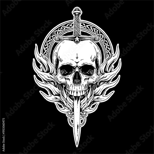 A skull head with gothic style for tattoo in black white Vector