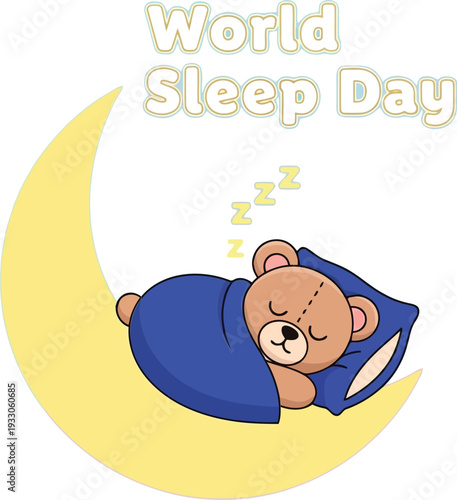 Cute Sleeping Teddy Bear on Crescent Moon Illustration for World Sleep Day Awareness