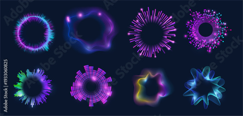 Wave composition with neon glow, circular waveform and floating particle light. Vector dynamic audio ring visualization with gradient pulse and luminous motion. Digital sound element for music concept