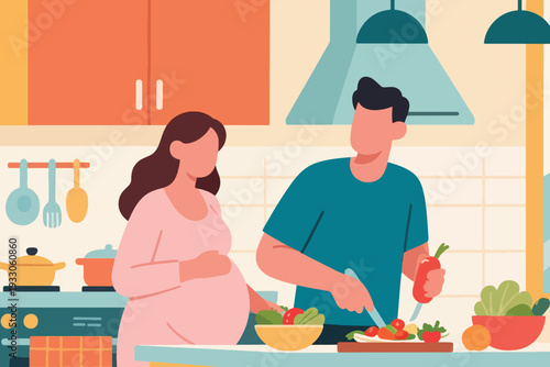 A husband and pregnant wife are cooking in the kitchen Illustration Creative Design Template 