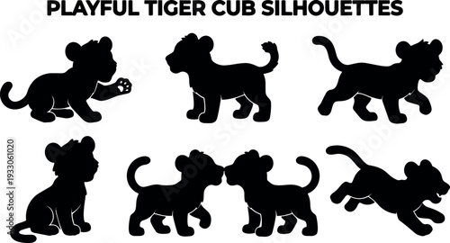 Flat design playful tiger cub silhouettes in multiple poses including pouncing sitting walking running and jumping side profiles for craft