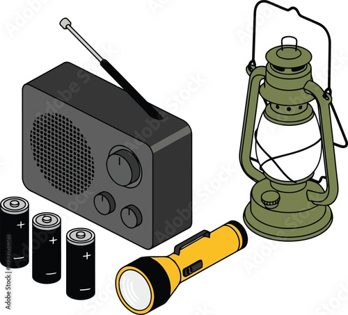 Emergency preparedness kit with radio, batteries, flashlight, and lantern in vector illustration