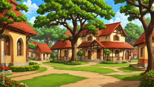 Charming mediterranean style village with yellow houses and red tiled roofs in sunny garden