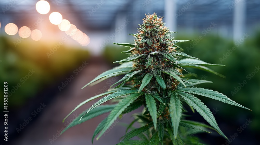 Naklejka premium Cannabis plant with dense buds and green leaves growing in a greenhouse, illuminated by soft lighting, rows of plants visible in the background