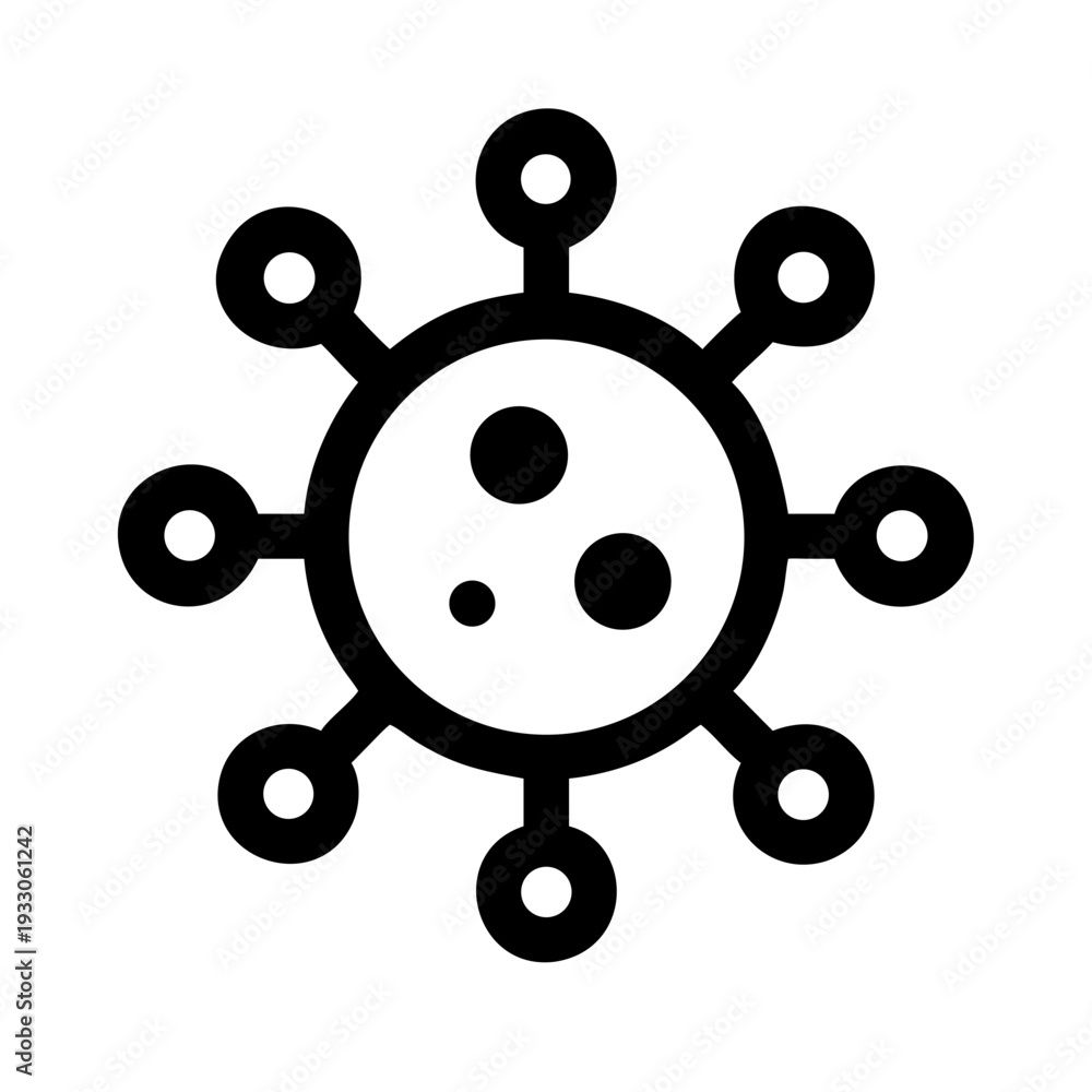 Fototapeta premium Black and white illustration of a stylized virus or microscopic organism with spikes isolated on white background, Vector