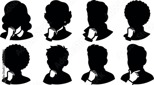 Flat silhouette thinking icon set eight diverse portraits hand on chin vector art for user interface and editorial branding print