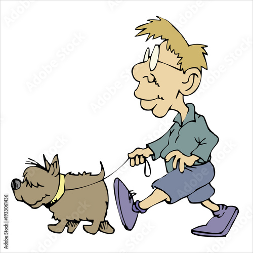 Young boy jogging with his dog on a leash during daytime in a playful outdoor setting