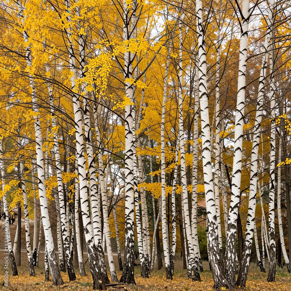 Obraz premium Birch tree forest with bright yellow autumn leaves and white bark trunks in seasonal park scenery