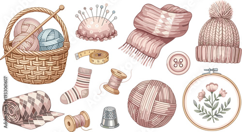 Knitting and sewing tools collection with yarn basket scarf needles embroidery hoop and handmade craft supplies