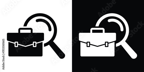 Flat professional briefcase icon with a magnifying glass. Minimalist vector symbol for job search, recruitment, and career discovery. Black and white versions included.