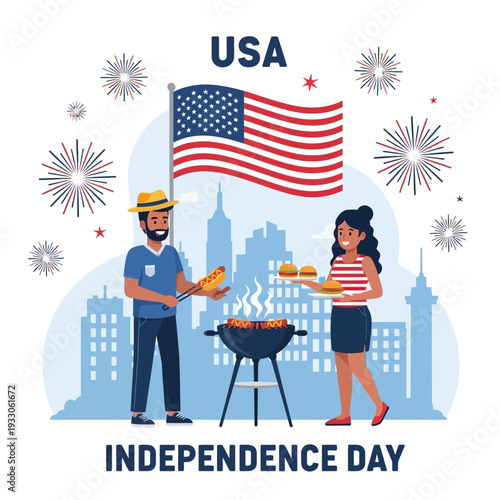 USA Independence Day Celebration: Couple Grilling BBQ with American Flag and Cityscape