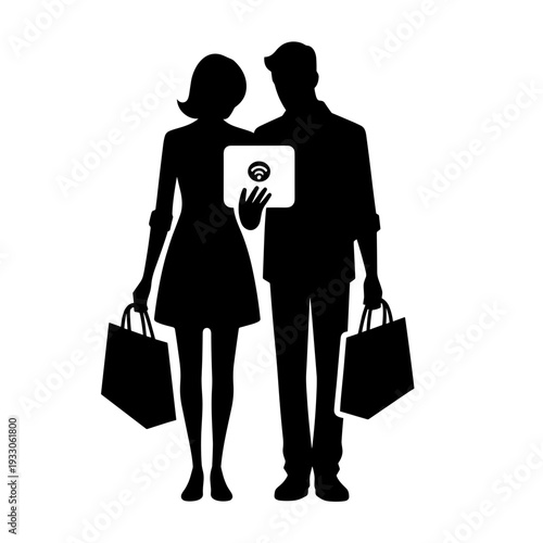Couple shopping with smartphones, holding shopping bags