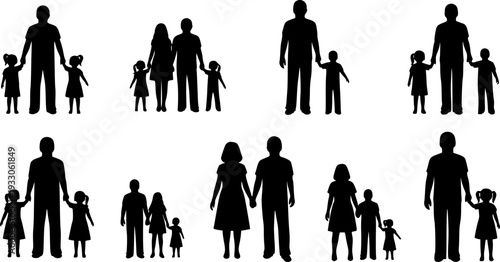 Isolated minimal black family silhouettes. Collection of family silhouettes on isolated background. Vector illustration on white background