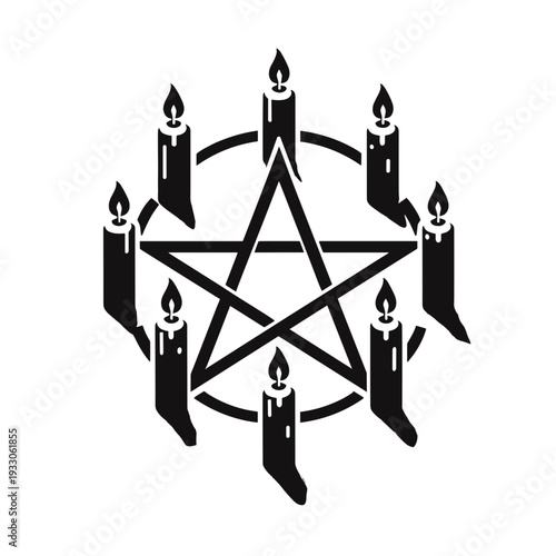 Black pentagram surrounded by candles, minimalist, monochrome, occult symbolism