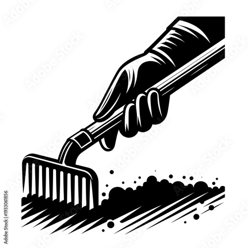 Hand sweeping dirt with broom in minimalist black-and-white style