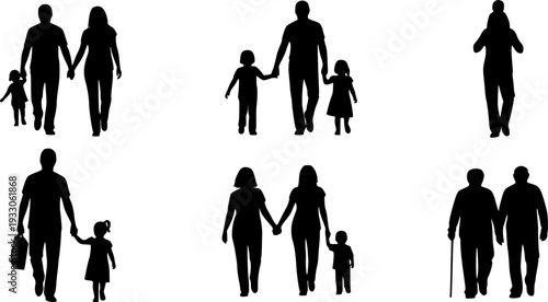 Isolated minimal black family silhouettes. Collection of family silhouettes on isolated background. Vector illustration on white background