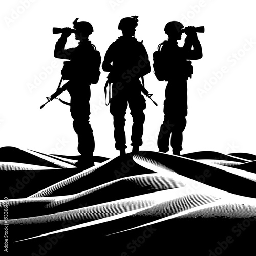Soldiers observing desert landscape