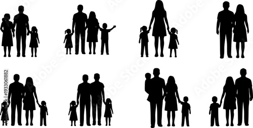 Isolated minimal black family silhouettes. Collection of family silhouettes on isolated background. Vector illustration on white background