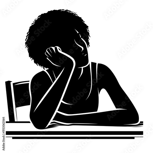 Person resting head on hand, contemplating, desk, office background