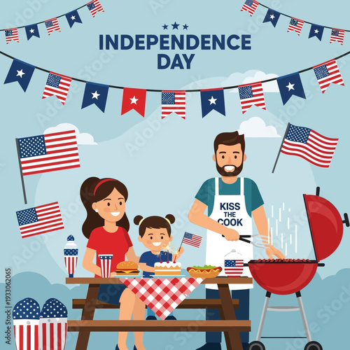 Family BBQ Celebration for Independence Day with American Flags and Decorations