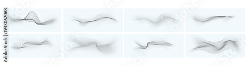 Abstract particle waves set. Vector dynamic sound of halftone dots. Flowing digital waveform surfaces with motion effect. Data visualization for technology or futuristic presentation design