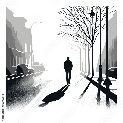 A lone person walking through foggy city street at dawn