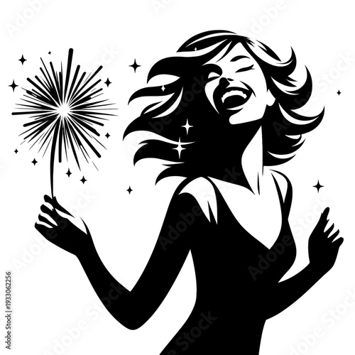 Woman celebrating with sparkler against starry background