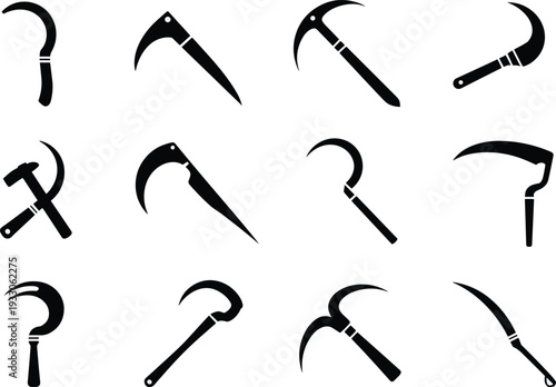 Flat vector illustration of twelve sickle silhouettes with varied blade and handle designs, agricultural tools, hammer and sickle symbol