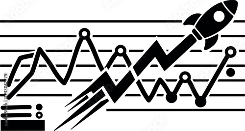 Flat design diagonal rocket boosting jagged stock chart breaking through lines with upward trajectory and bold high contrast black white
