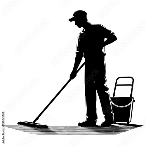 Janitor sweeping floor with mop and bucket silhouette