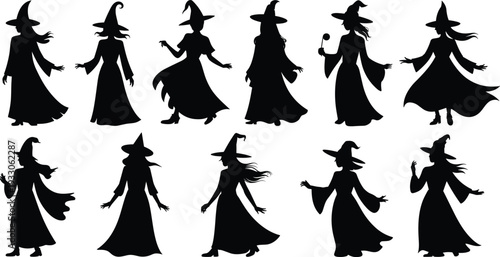 Flat vector illustration of twelve witches silhouettes in different poses with hats, dresses, wands, magical fantasy Halloween character design